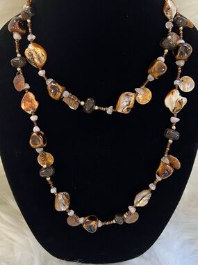 Boho Beach Vintage Long Chain Necklace Baroque MOP Pearl Caramel Ceramic Bead 49